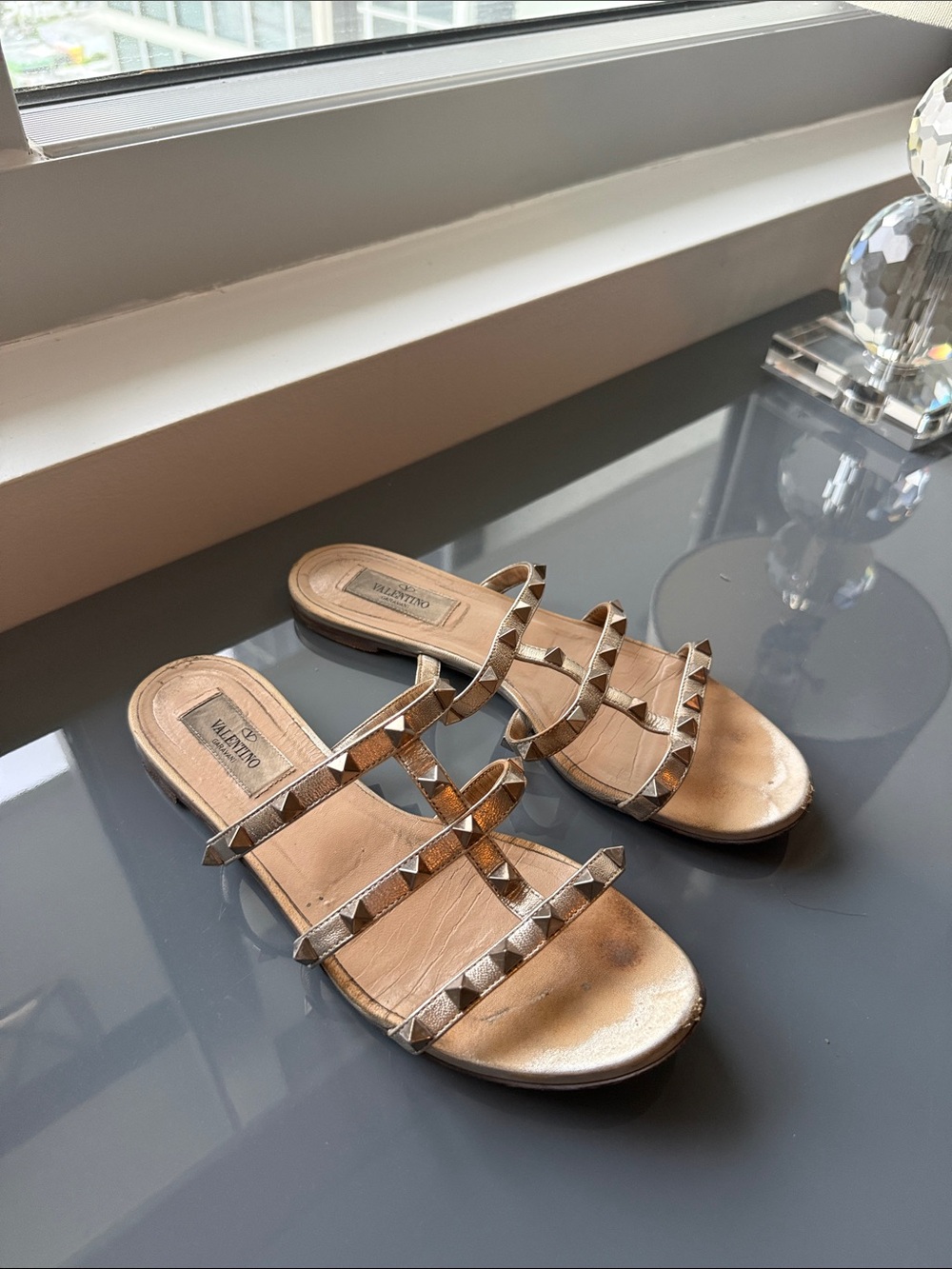 Valentino Gold Studded Triple-Strap Slide Sandals